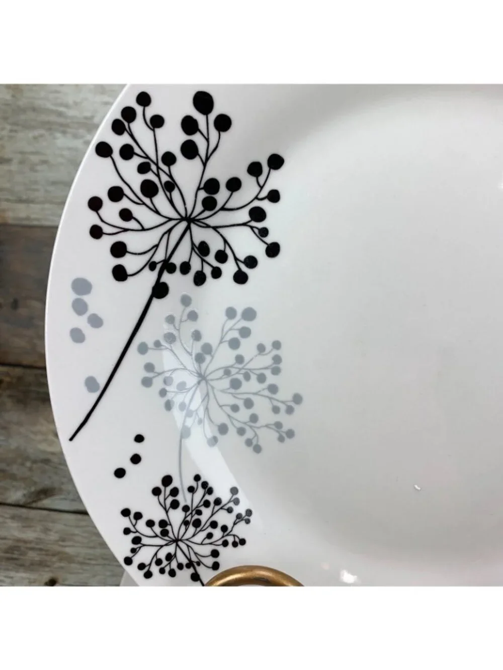 Gibson Designs NETHERWOOD Black Gray Floral Poreclain Dinner Lunch Plates Set 4